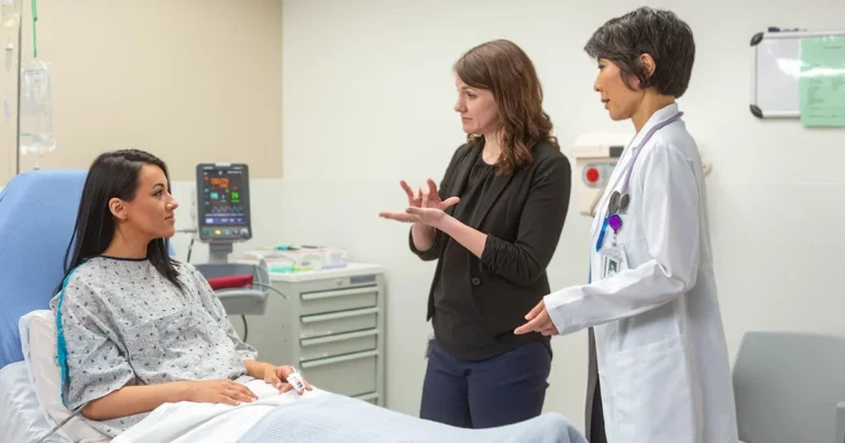 Deaf patient receiving medical care with support from a professional ASL interpreter